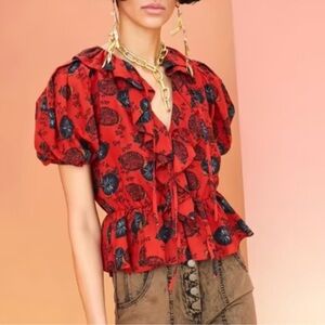 Ulla Johnson Red Nadya Floral Blouse with Ruffles size 6